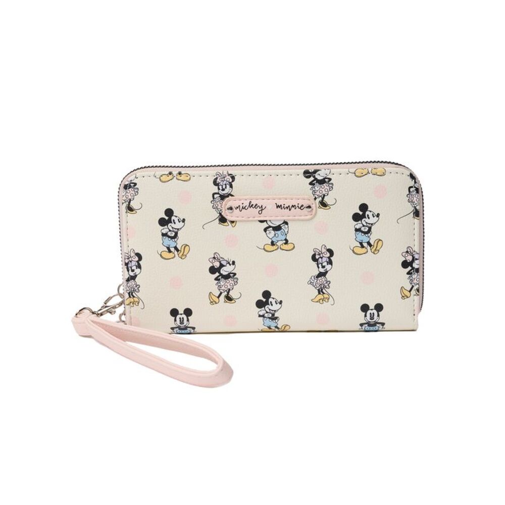 Disney Mickey and Minnie Mouse Wallet Pastel Print Wristlet Strap Zip Around